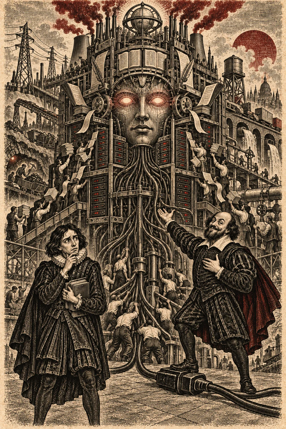 Shakespeare and Horatio face an immense machine made of books, furnaces and human industry.