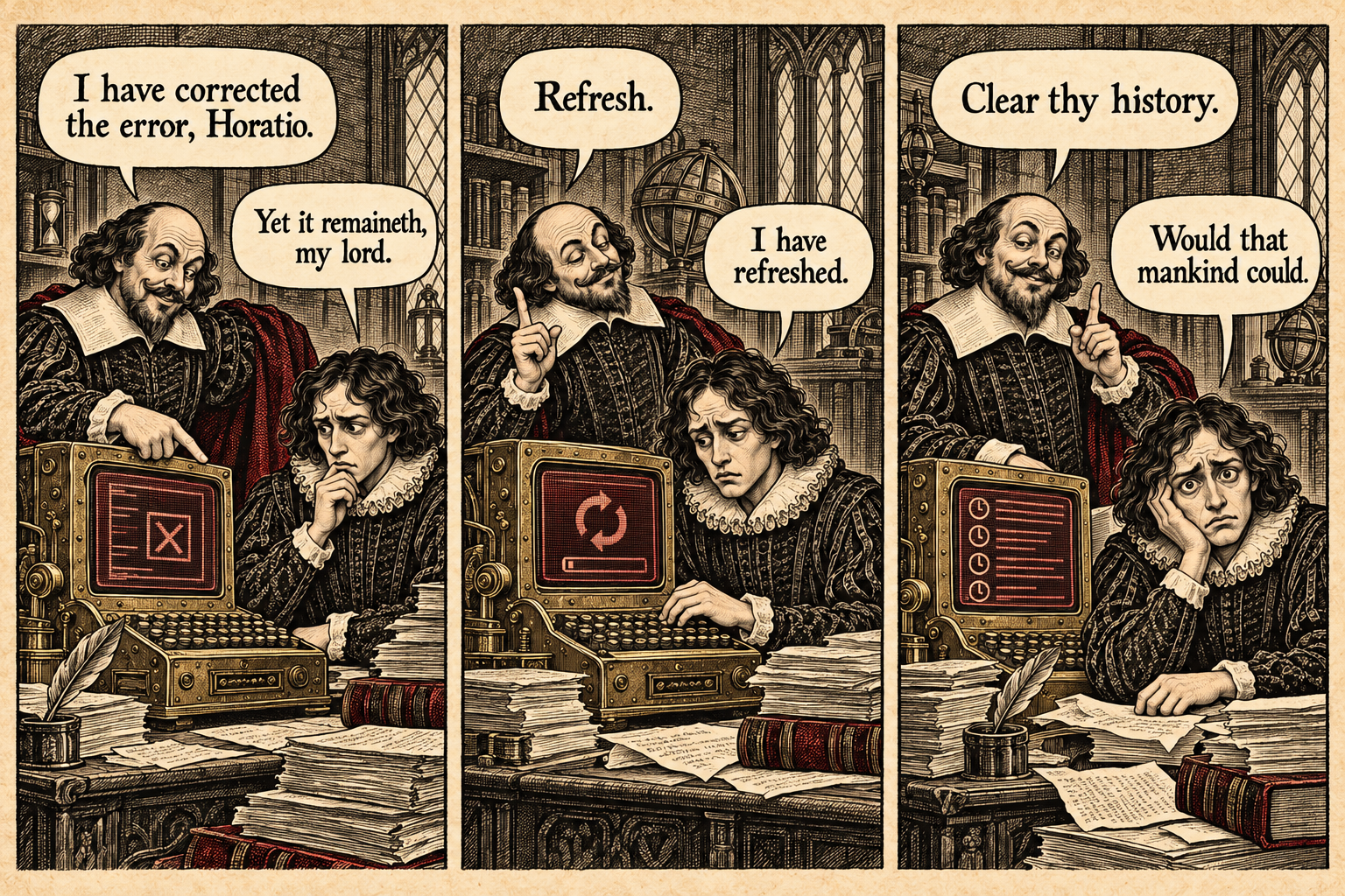 Three-panel engraving: Shakespeare orders Horatio to refresh the computer and clear his history. Horatio wonders whether mankind could do the same.
