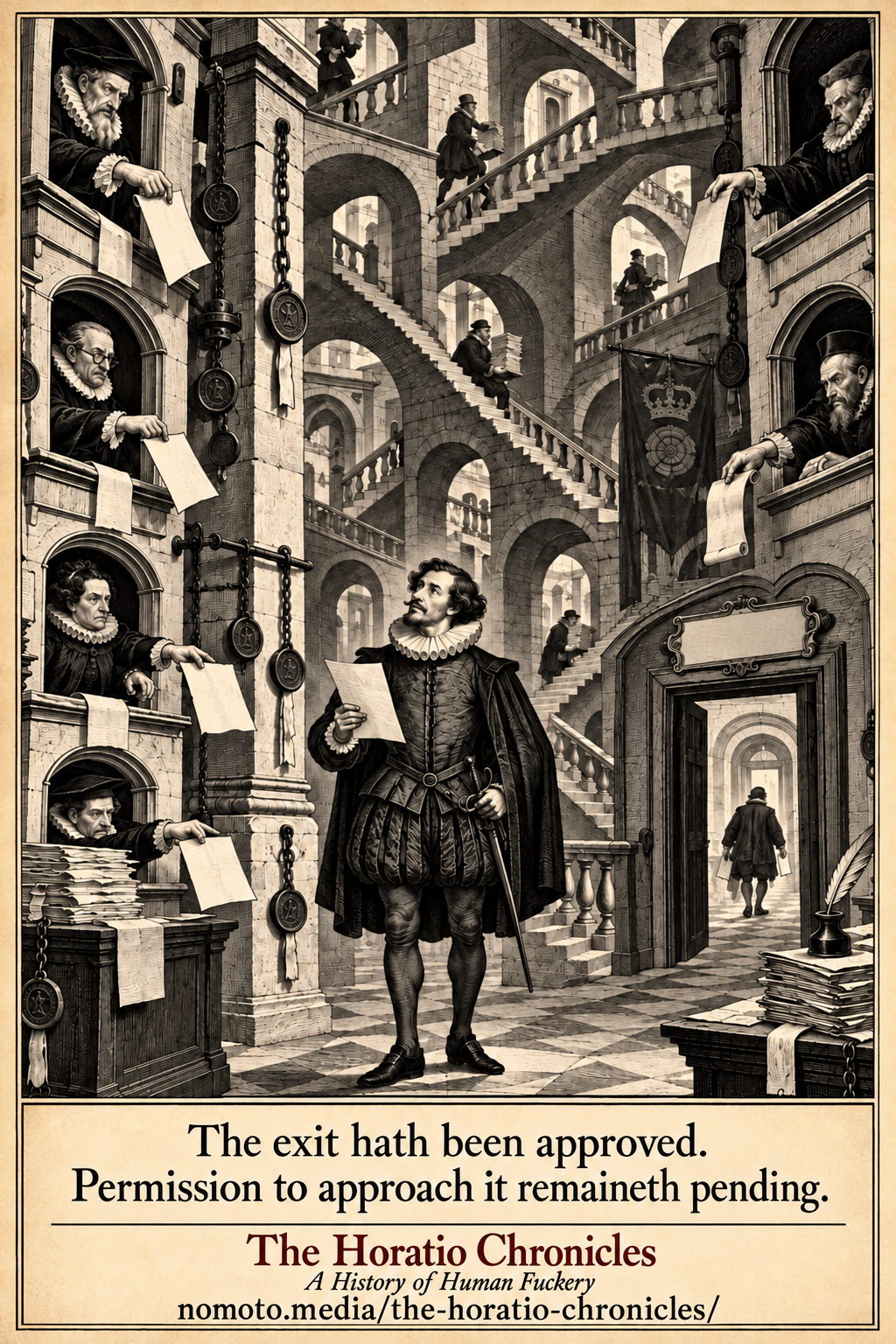 A bewildered man with a form stands among impossible staircases as officials offer still more paperwork from every window.