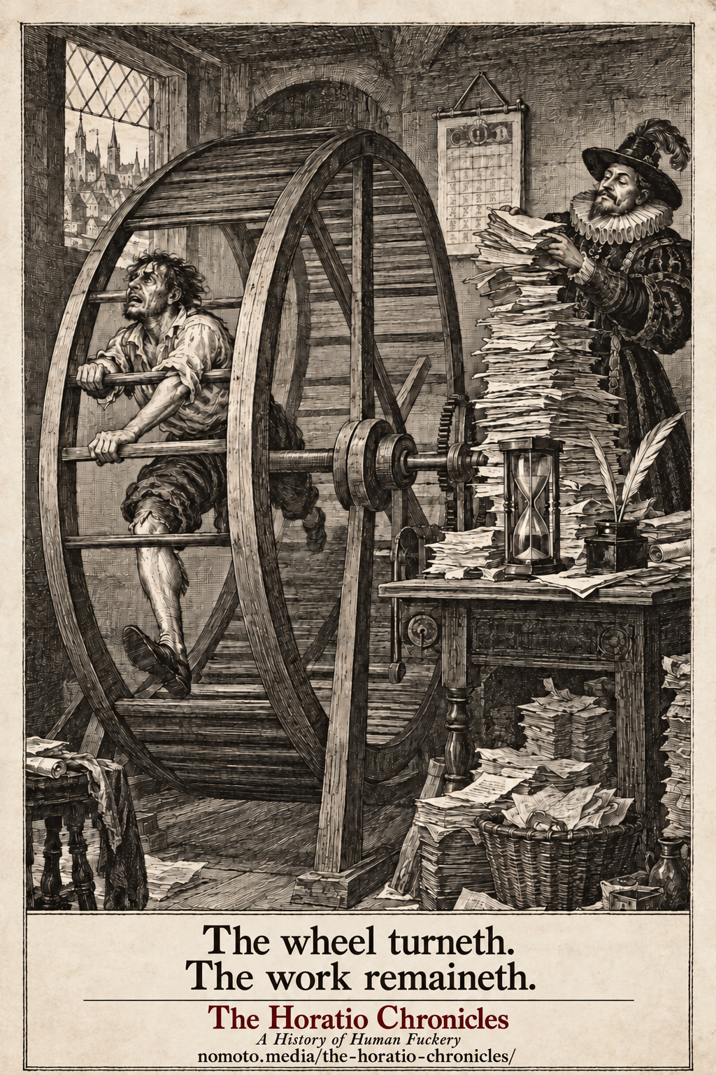 An exhausted man runs inside a huge wooden wheel while a richly dressed overseer feeds him more paperwork.