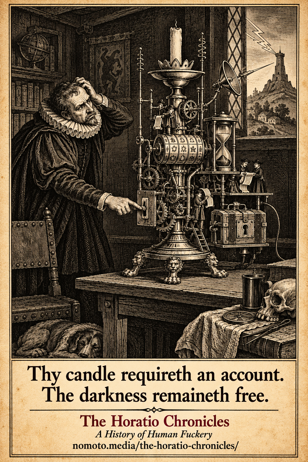 A bewildered Elizabethan man operates an absurd mechanical candle with locks, controls and a satellite dish. Caption: Thy candle requireth an account. The darkness remaineth free. Footer: The Horatio Chronicles. A History of Human Fuckery. nomoto.media/the-horatio-chronicles/.