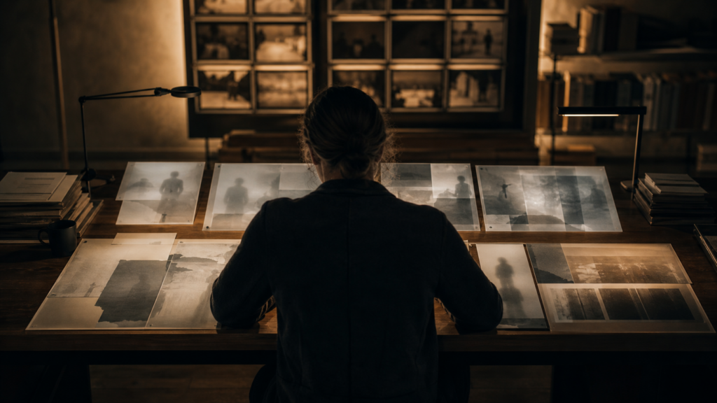 An analyst reviews photographic evidence arranged across a dimly lit table.