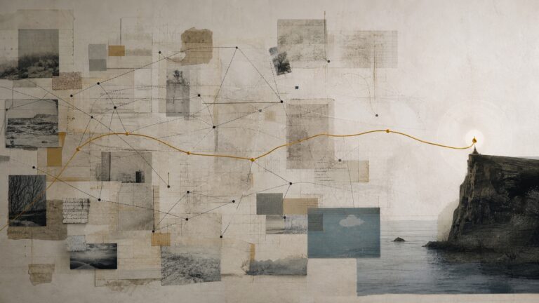 A network of archival fragments with one selected route leading toward a point of consequence.
