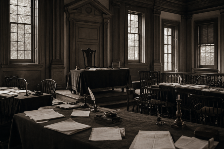 An empty late-eighteenth-century assembly chamber with a presiding chair and papers after debate.