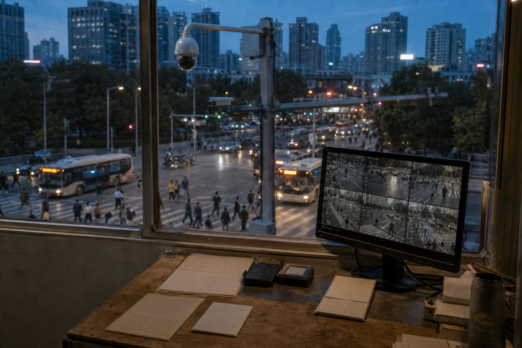 Public-security monitoring office overlooking a busy Chinese city intersection at dusk.