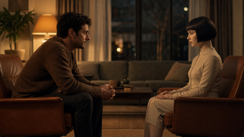 A person and an ambiguous artificial companion sit opposite each other in a quiet living room.
