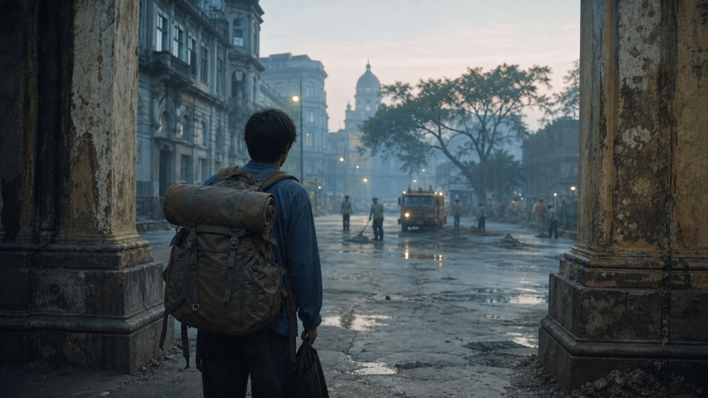 A young backpacker pauses on a Kolkata street at humid dawn.