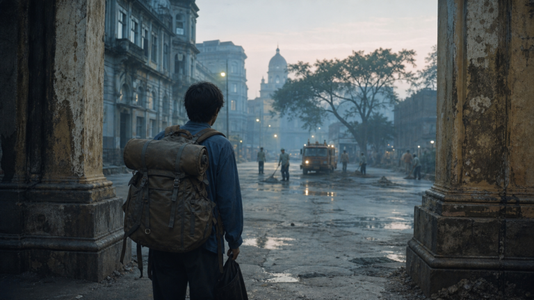 A young backpacker pauses on a Kolkata street at humid dawn.