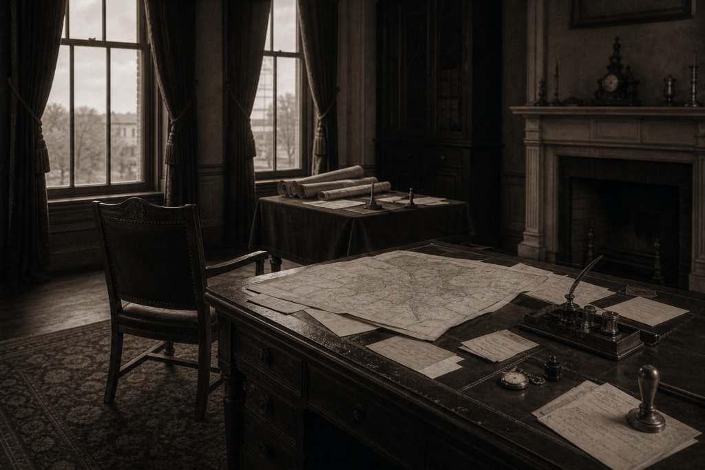 A nineteenth-century executive desk covered with military maps and dispatches beside an empty chair.