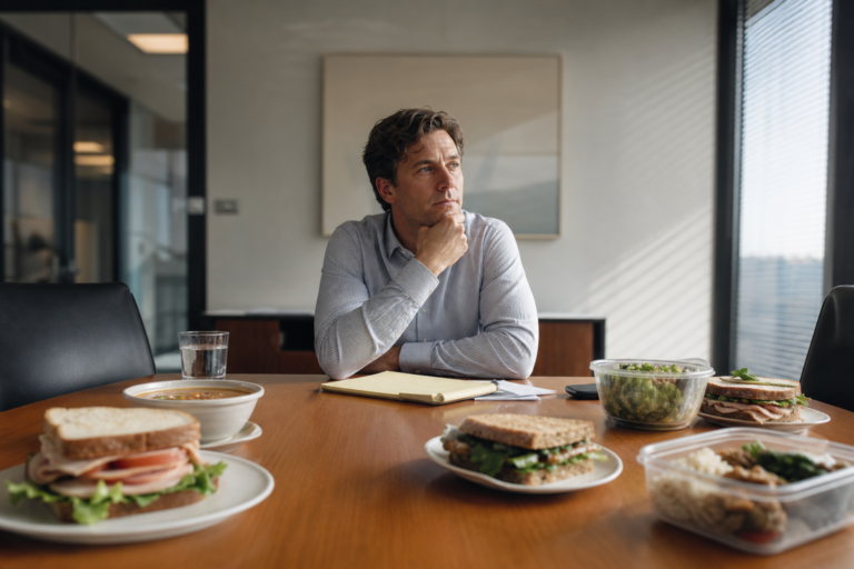 An office worker considers several possible lunches during a meeting.