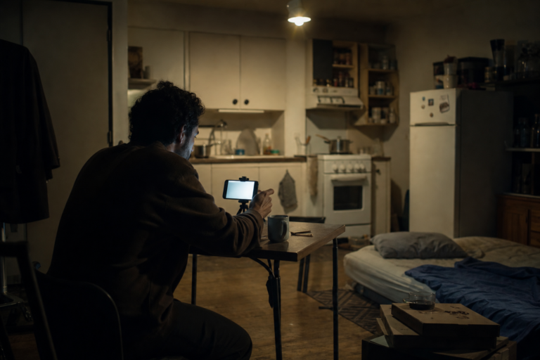 A man records a quiet late-night video in a modest apartment.