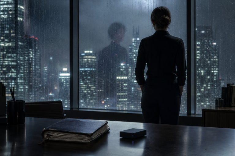 A woman stands before a rain-lit city while a notebook and small black device rest on her desk.