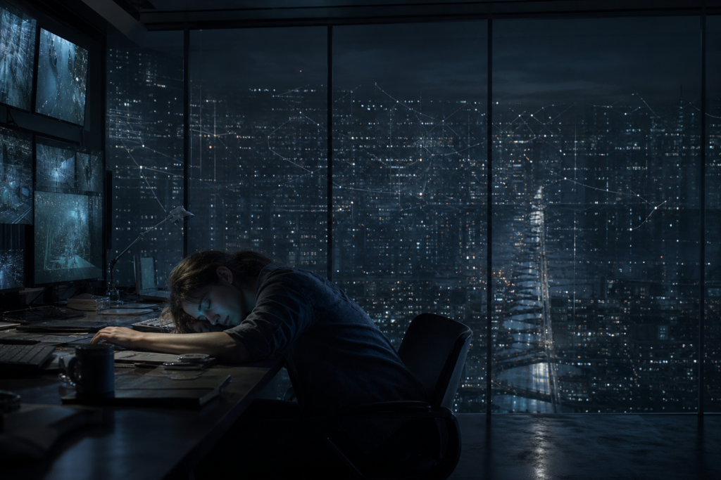 A solitary analyst rests at a console above a rain-darkened networked city.