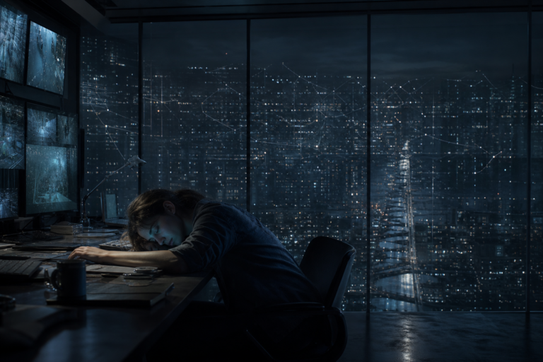 A solitary analyst rests at a console above a rain-darkened networked city.