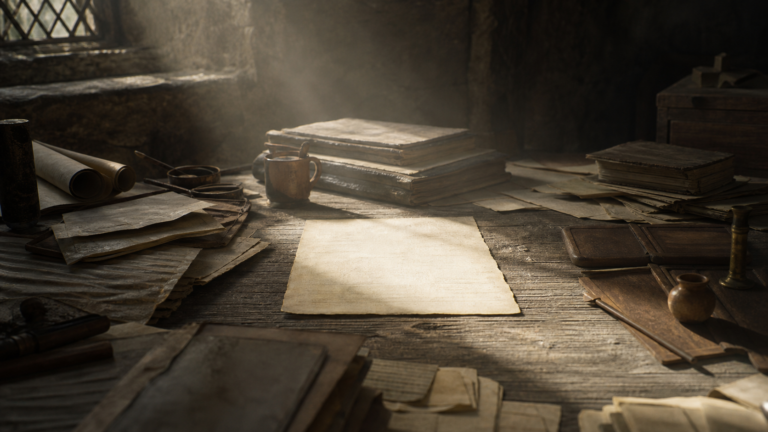 A single illuminated parchment rests among many layered manuscripts in a quiet scriptorium.