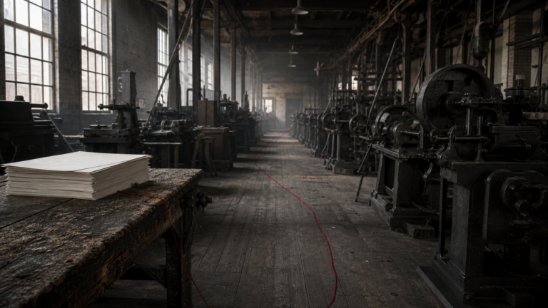 An empty industrial workshop with blank ledger pages connected to machinery by a red thread.