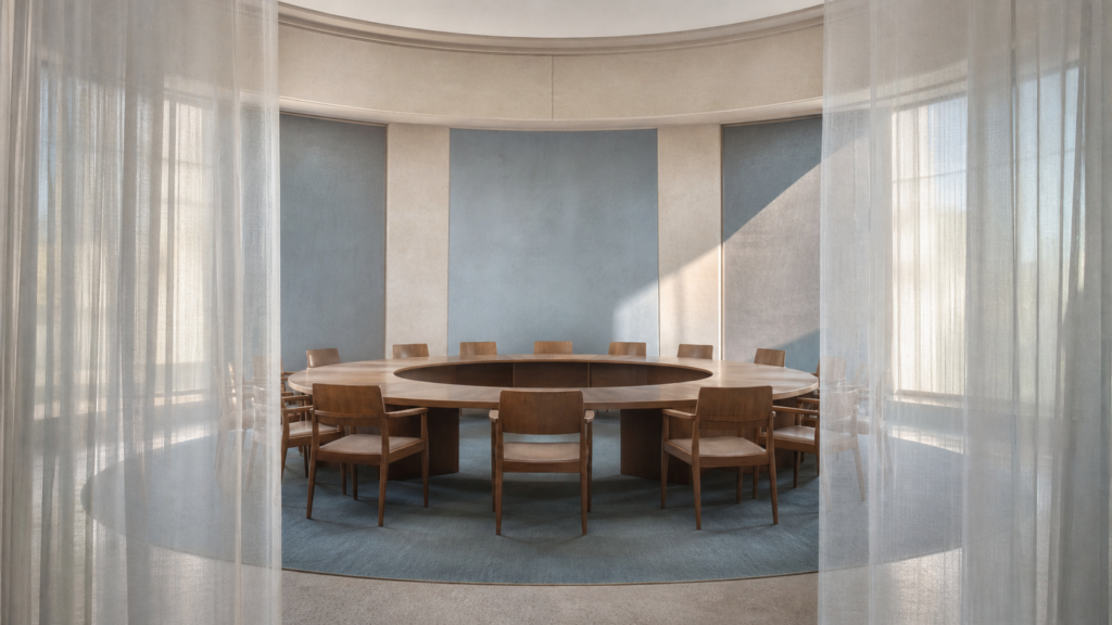 An empty circular deliberation room seen through translucent white curtains.