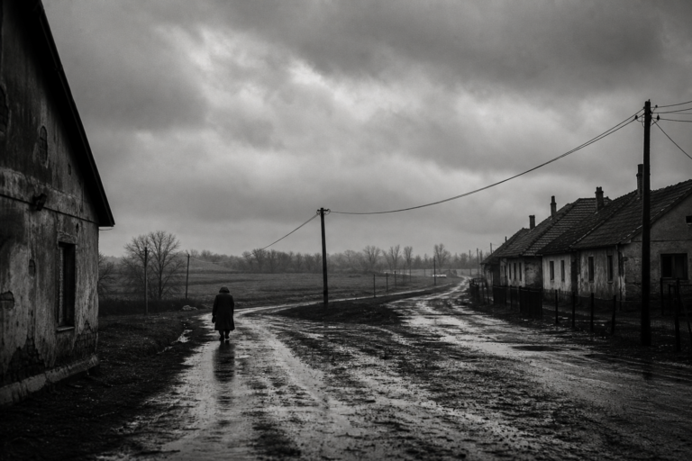 A solitary figure walks along a rain-soaked rural road beneath heavy clouds.