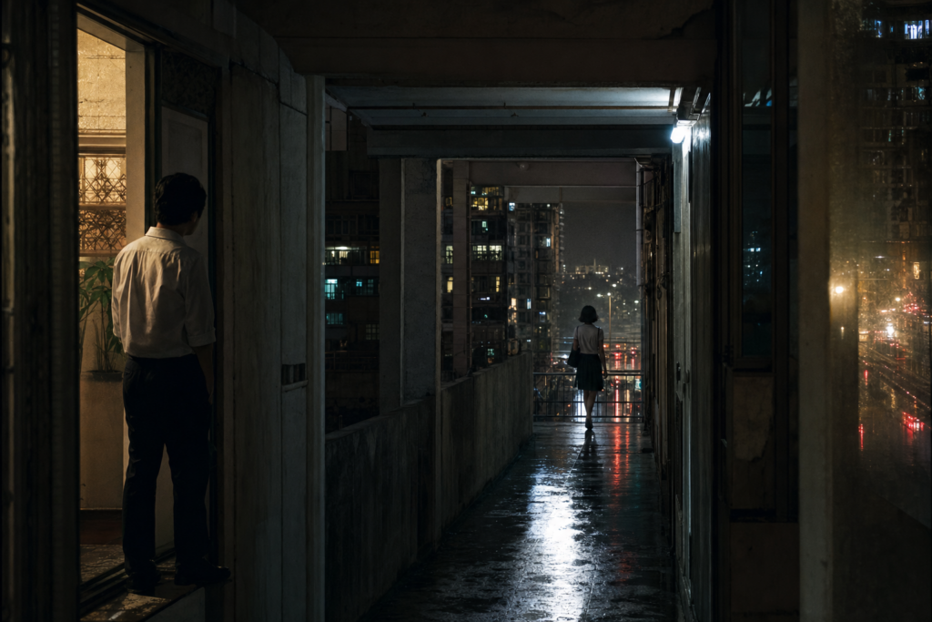 Two people remain separated along a rain-darkened urban corridor at night.