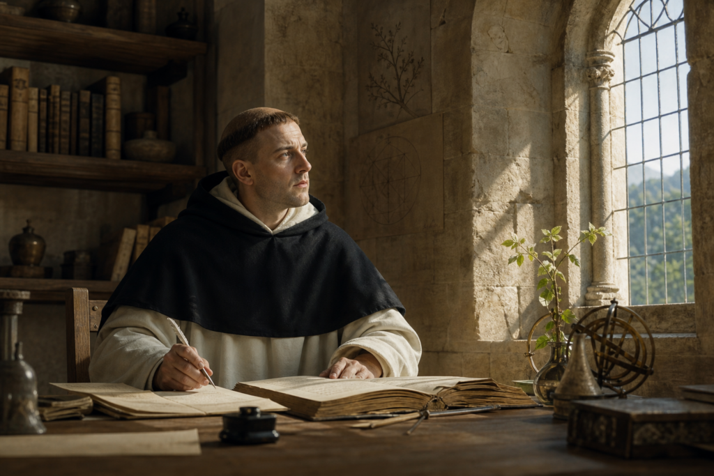 Thomas Aquinas studies a manuscript beside a sunlit monastery window.