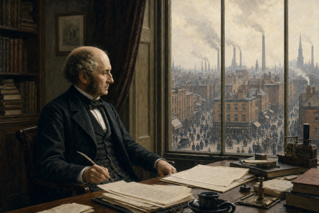 John Stuart Mill writes beside a window overlooking industrial nineteenth-century London.