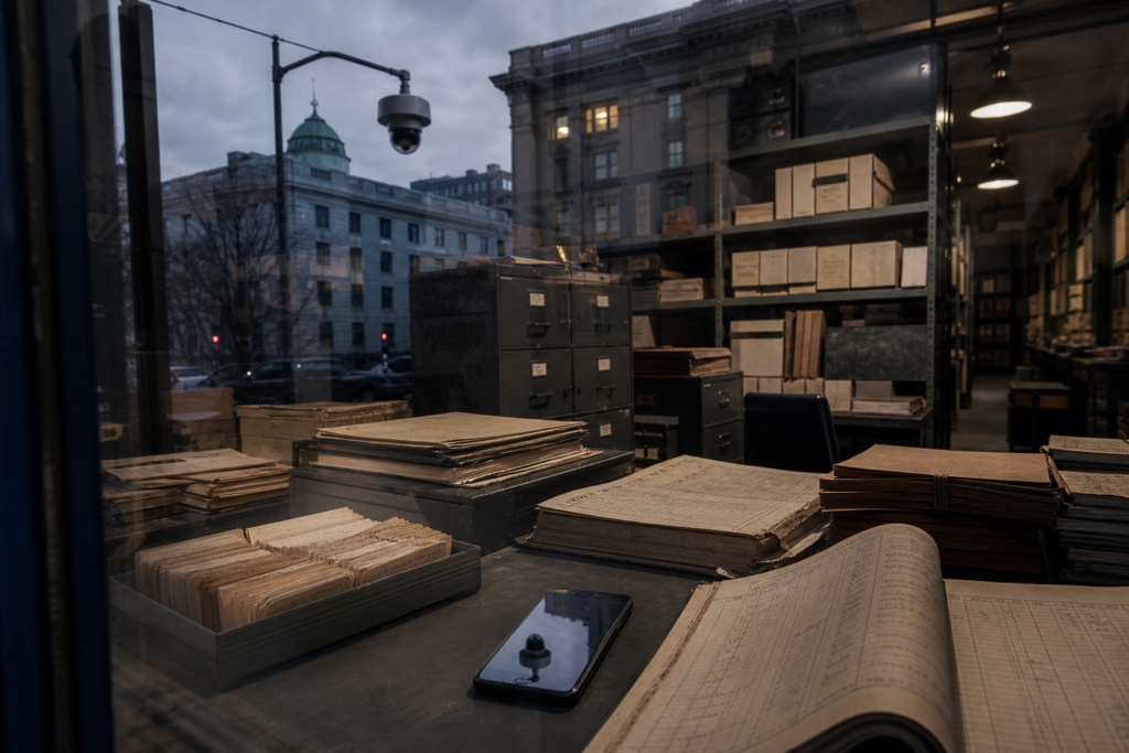 Paper archives and a smartphone beneath a street surveillance camera.