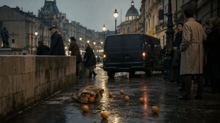 Oranges rolling across a rain-soaked public square as an unmarked van leaves and witnesses turn toward the scene.