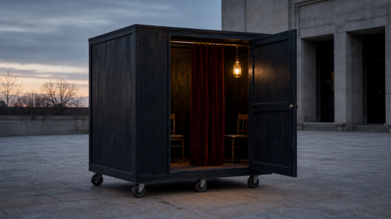 Black wheeled performance box with two chairs, a velvet curtain, and a brass lantern at dusk.