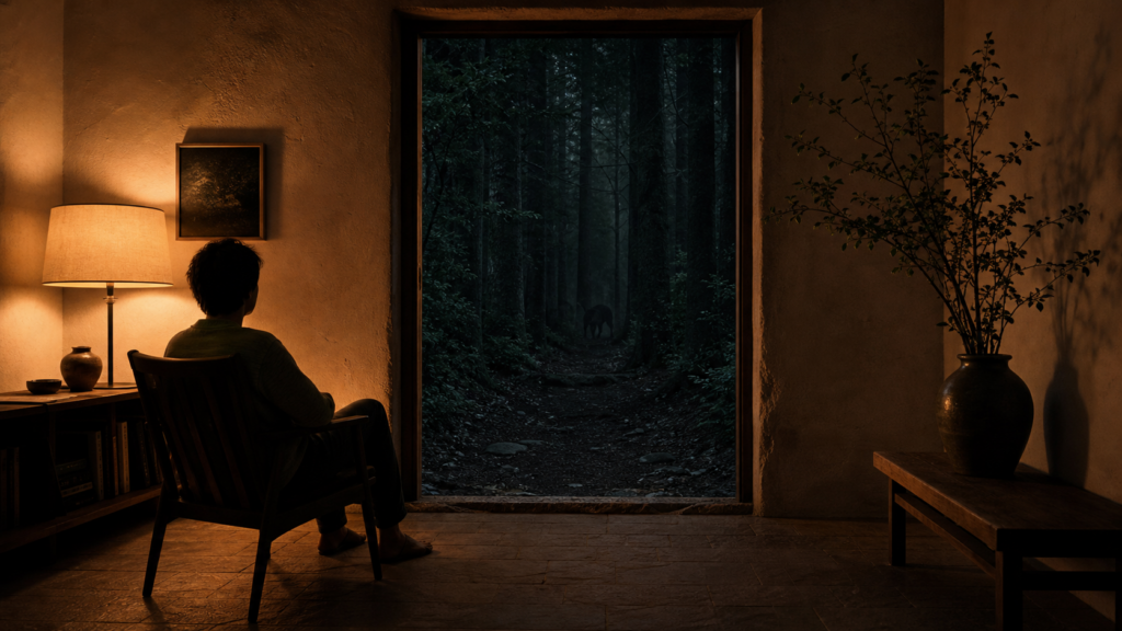 A calm modern room opens onto a dark forest beyond its doorway.